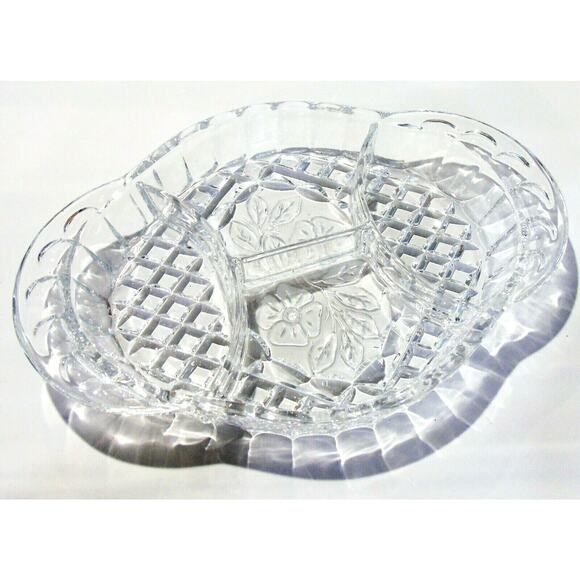 Clear Glass Diamond Cut DIVIDED SERVING DISH Dogwood Flower Oval Platter Plate - Picture 1 of 6